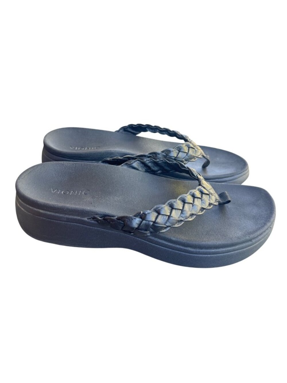 Vionic Kenji Braided Platform Wedge Sandal Womens 9.5 Black Thong Flip Flop Arch
